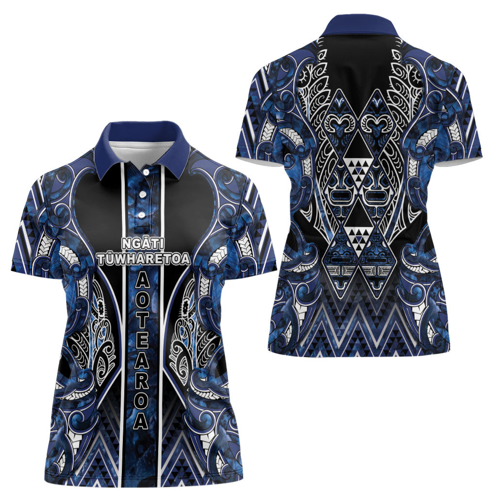 Aotearoa Tuwharetoa Women Polo Shirt Maori Tribal Navy Paua Shell Pattern DT05 - Polynesian Pride