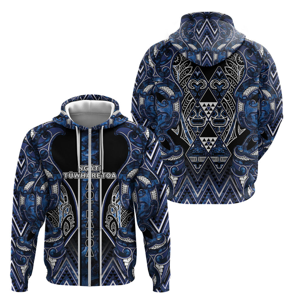 Aotearoa Tuwharetoa Zip Hoodie Maori Tribal Navy Paua Shell Pattern DT05 - Polynesian Pride