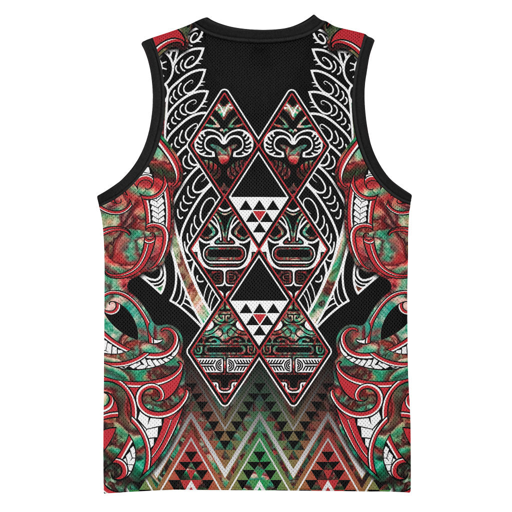 Aotearoa Ngai Tuhoe Basketball Jersey Maori Tribal Red And Green Paua Shell Pattern DT05 - Polynesian Pride
