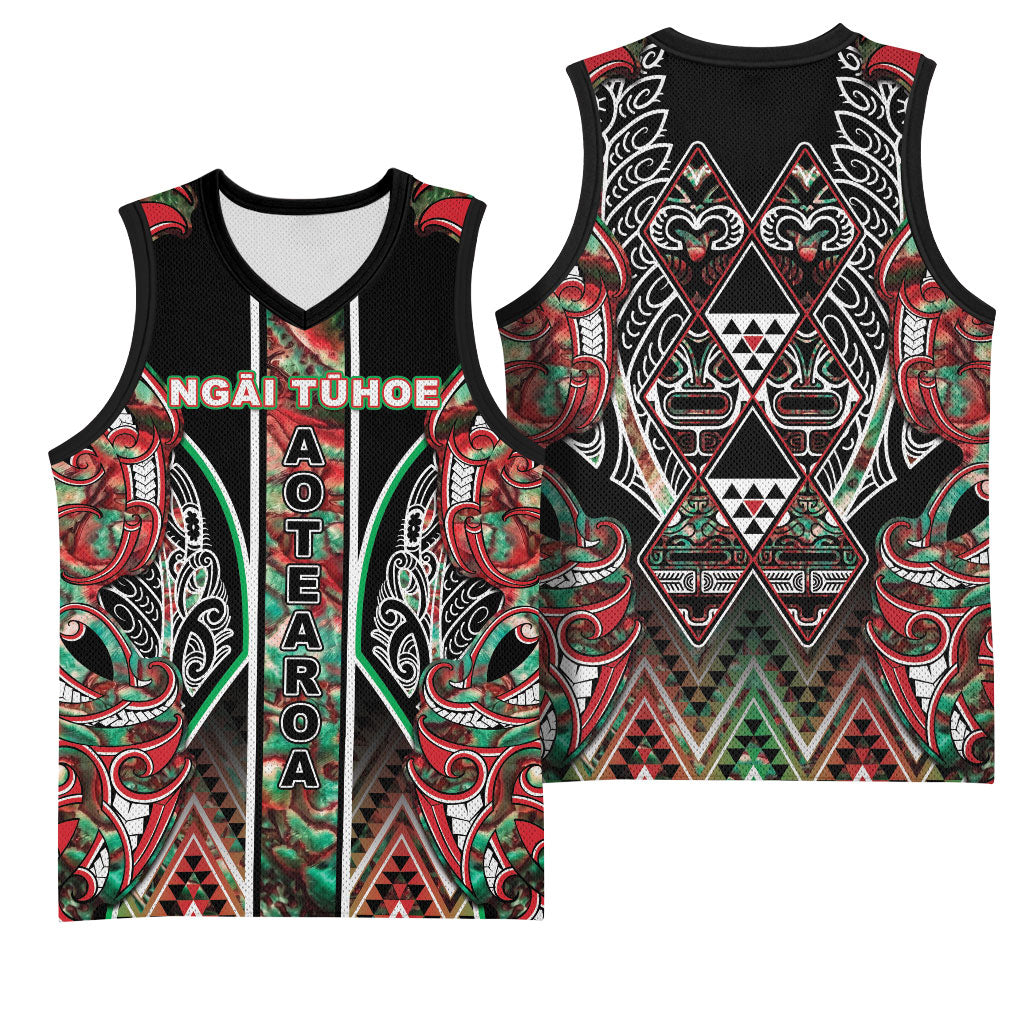 Aotearoa Ngai Tuhoe Basketball Jersey Maori Tribal Red And Green Paua Shell Pattern DT05 - Polynesian Pride