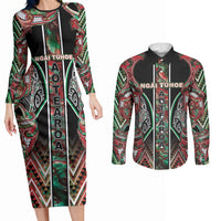 Aotearoa Ngai Tuhoe Couples Matching Long Sleeve Bodycon Dress and Long Sleeve Button Shirt Maori Tribal Red And Green Paua Shell Pattern DT05 Red - Polynesian Pride