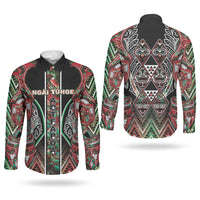 Aotearoa Ngai Tuhoe Couples Matching Long Sleeve Bodycon Dress and Long Sleeve Button Shirt Maori Tribal Red And Green Paua Shell Pattern DT05 - Polynesian Pride