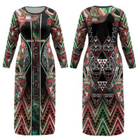 Aotearoa Ngai Tuhoe Couples Matching Long Sleeve Bodycon Dress and Long Sleeve Button Shirt Maori Tribal Red And Green Paua Shell Pattern DT05 - Polynesian Pride