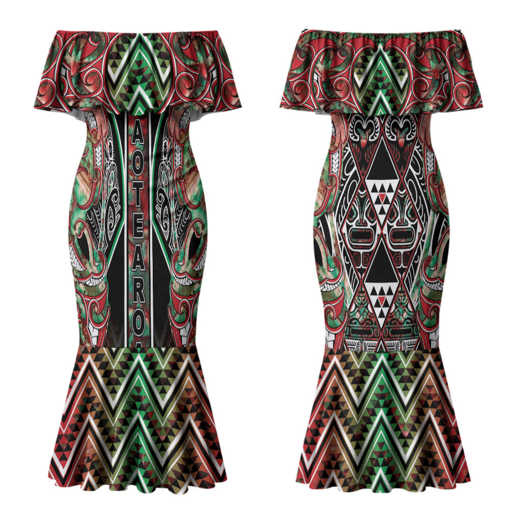 Aotearoa Ngai Tuhoe Couples Matching Mermaid Dress and Hawaiian Shirt Maori Tribal Red And Green Paua Shell Pattern DT05 - Polynesian Pride