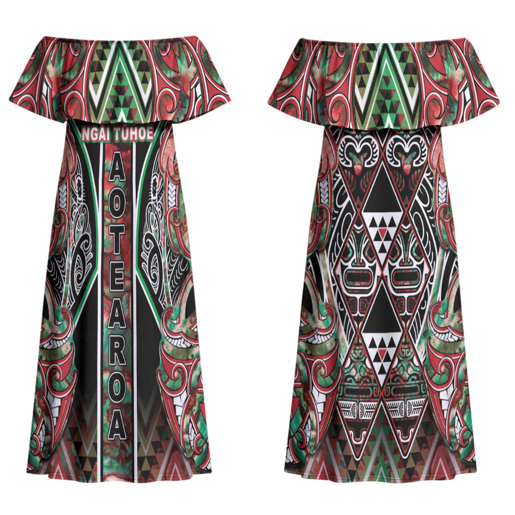 Aotearoa Ngai Tuhoe Couples Matching Off Shoulder Maxi Dress and Hawaiian Shirt Maori Tribal Red And Green Paua Shell Pattern DT05 - Polynesian Pride