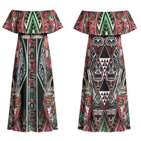 Aotearoa Ngai Tuhoe Couples Matching Off Shoulder Maxi Dress and Hawaiian Shirt Maori Tribal Red And Green Paua Shell Pattern DT05 - Polynesian Pride