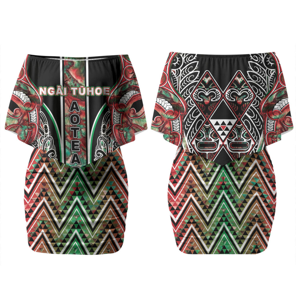 Aotearoa Ngai Tuhoe Couples Matching Off Shoulder Short Dress and Hawaiian Shirt Maori Tribal Red And Green Paua Shell Pattern DT05 - Polynesian Pride