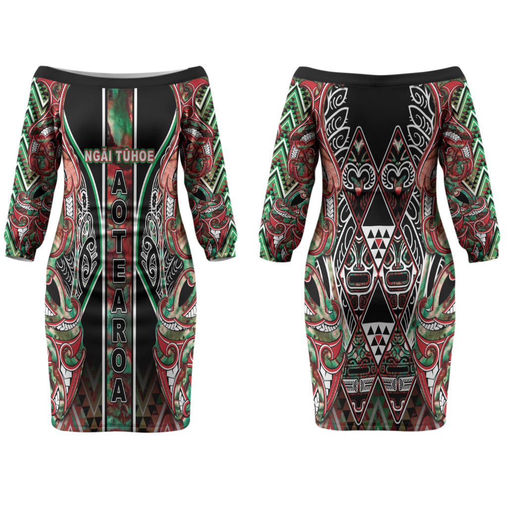 Aotearoa Ngai Tuhoe Couples Matching Off The Shoulder Long Sleeve Dress and Long Sleeve Button Shirt Maori Tribal Red And Green Paua Shell Pattern DT05 - Polynesian Pride