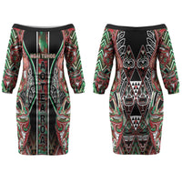 Aotearoa Ngai Tuhoe Couples Matching Off The Shoulder Long Sleeve Dress and Long Sleeve Button Shirt Maori Tribal Red And Green Paua Shell Pattern DT05 - Polynesian Pride