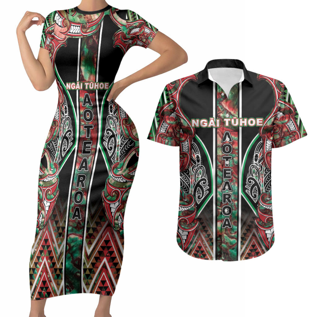 Aotearoa Ngai Tuhoe Couples Matching Short Sleeve Bodycon Dress and Hawaiian Shirt Maori Tribal Red And Green Paua Shell Pattern DT05 Red - Polynesian Pride
