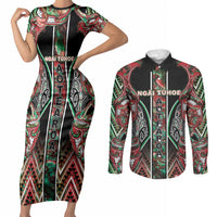 Aotearoa Ngai Tuhoe Couples Matching Short Sleeve Bodycon Dress and Long Sleeve Button Shirt Maori Tribal Red And Green Paua Shell Pattern DT05 Red - Polynesian Pride