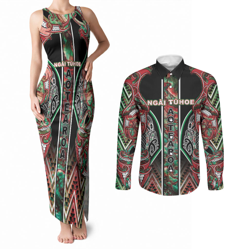 Aotearoa Ngai Tuhoe Couples Matching Tank Maxi Dress and Long Sleeve Button Shirt Maori Tribal Red And Green Paua Shell Pattern DT05 Red - Polynesian Pride