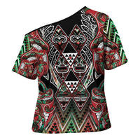 Aotearoa Ngai Tuhoe Cross Shoulder Shirt Maori Tribal Red And Green Paua Shell Pattern DT05 - Polynesian Pride