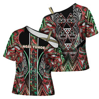 Aotearoa Ngai Tuhoe Cross Shoulder Shirt Maori Tribal Red And Green Paua Shell Pattern DT05 - Polynesian Pride