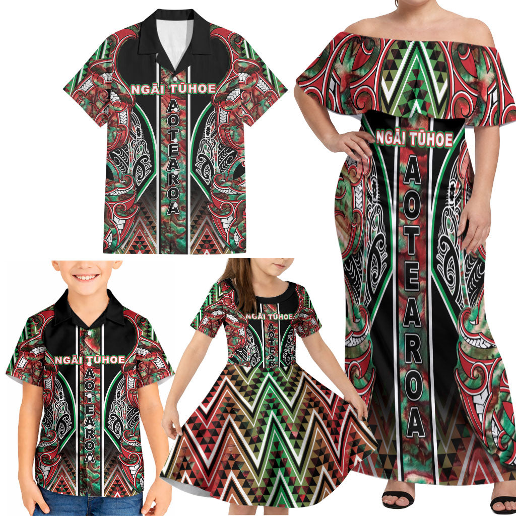 Aotearoa Ngai Tuhoe Family Matching Off Shoulder Maxi Dress and Hawaiian Shirt Maori Tribal Red And Green Paua Shell Pattern DT05 - Polynesian Pride