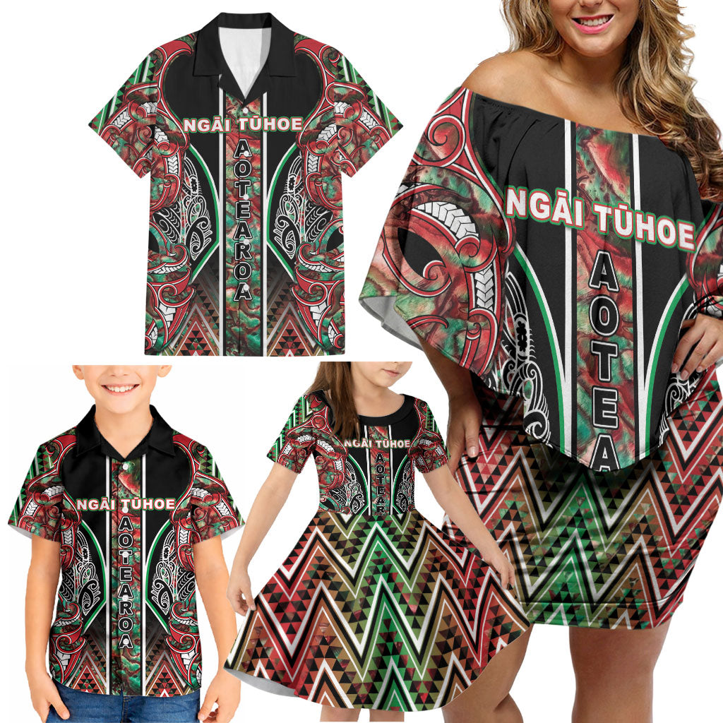 Aotearoa Ngai Tuhoe Family Matching Off Shoulder Short Dress and Hawaiian Shirt Maori Tribal Red And Green Paua Shell Pattern DT05 - Polynesian Pride