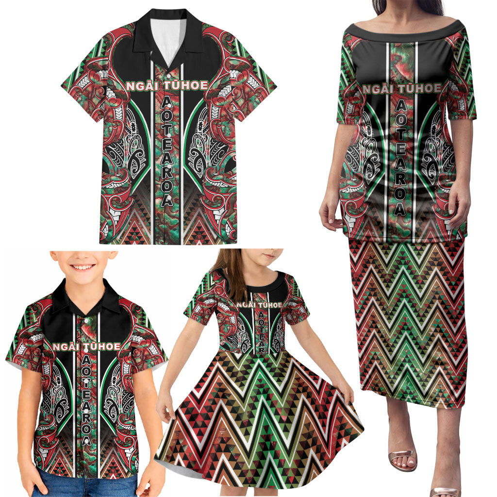 Aotearoa Ngai Tuhoe Family Matching Puletasi and Hawaiian Shirt Maori Tribal Red And Green Paua Shell Pattern DT05 - Polynesian Pride