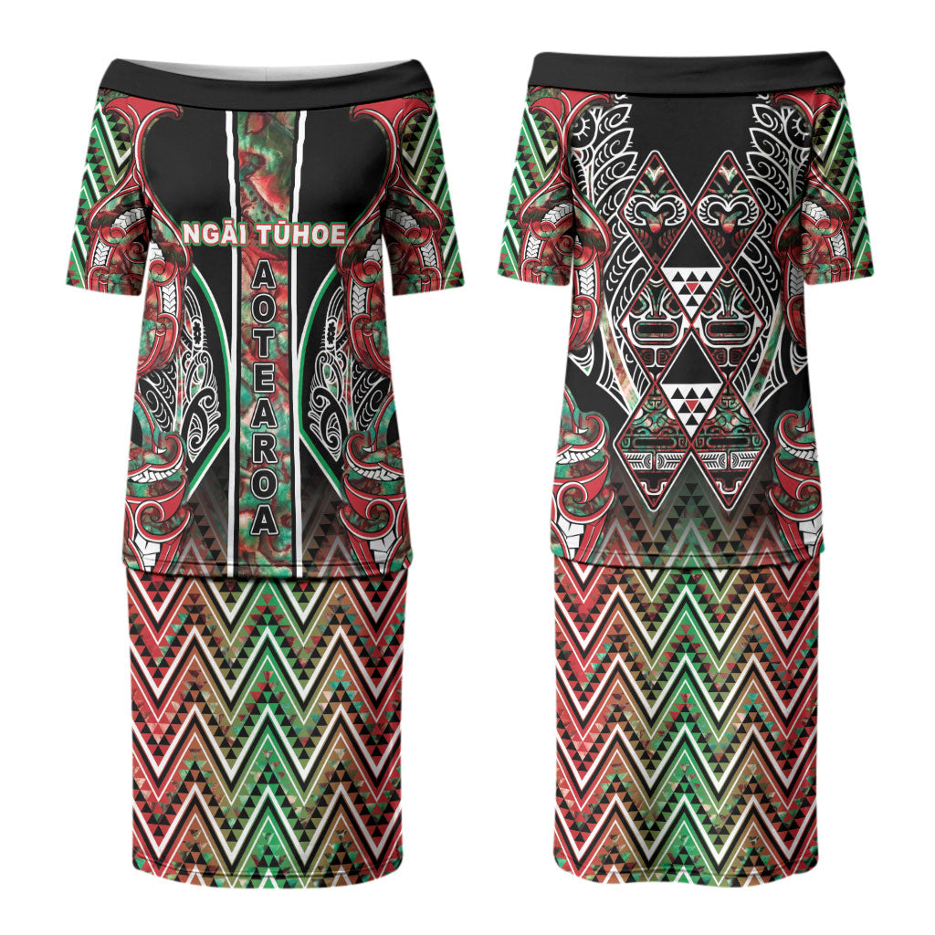 Aotearoa Ngai Tuhoe Family Matching Puletasi and Hawaiian Shirt Maori Tribal Red And Green Paua Shell Pattern DT05 Mom's Dress Red - Polynesian Pride