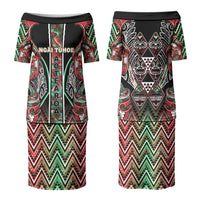 Aotearoa Ngai Tuhoe Family Matching Puletasi and Hawaiian Shirt Maori Tribal Red And Green Paua Shell Pattern DT05 Mom's Dress Red - Polynesian Pride