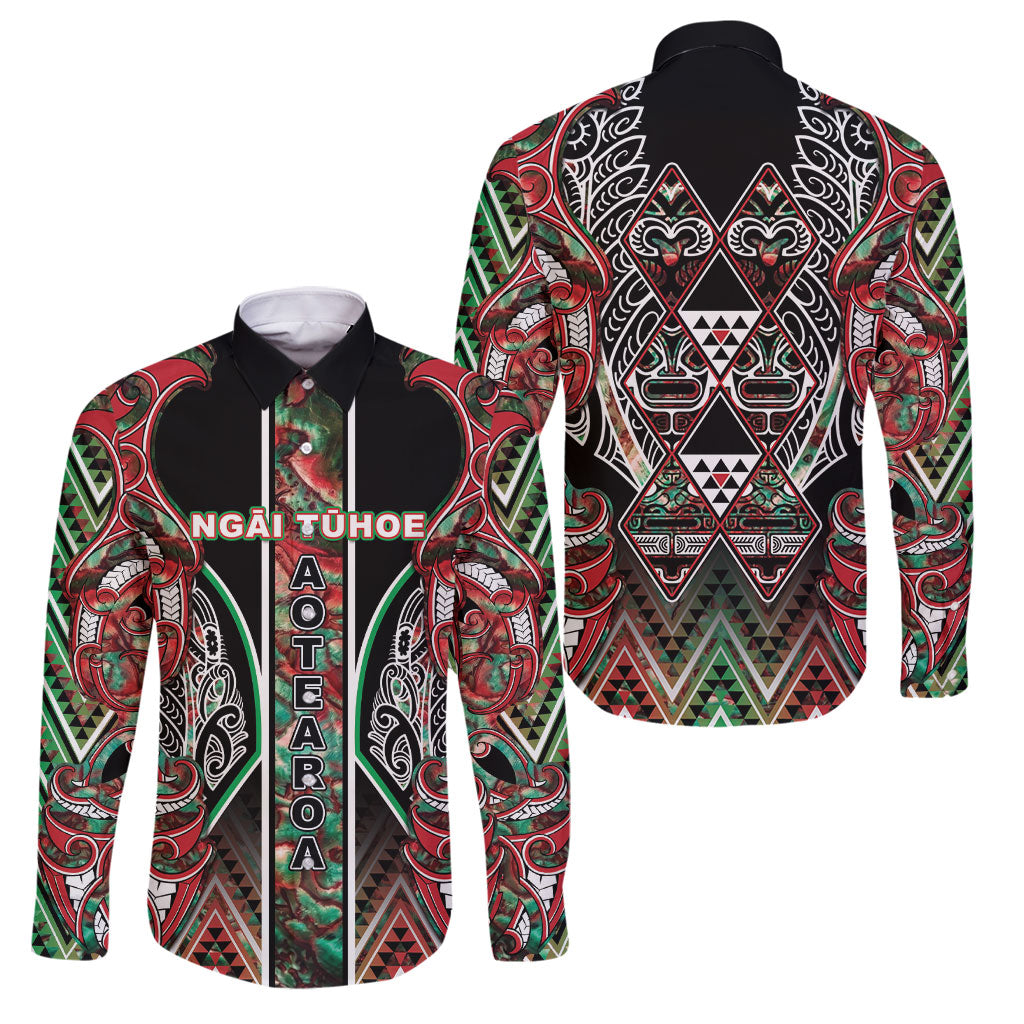 Aotearoa Ngai Tuhoe Family Matching Puletasi and Hawaiian Shirt Maori Tribal Red And Green Paua Shell Pattern DT05 Dad's Shirt - Long Sleeve Red - Polynesian Pride