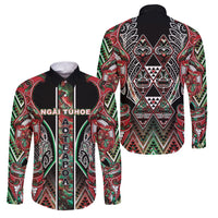 Aotearoa Ngai Tuhoe Family Matching Puletasi and Hawaiian Shirt Maori Tribal Red And Green Paua Shell Pattern DT05 Dad's Shirt - Long Sleeve Red - Polynesian Pride