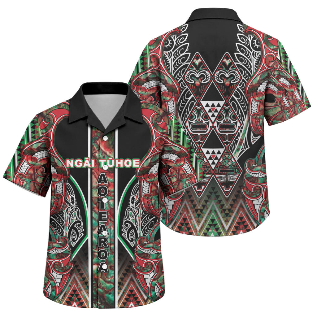 Aotearoa Ngai Tuhoe Family Matching Puletasi and Hawaiian Shirt Maori Tribal Red And Green Paua Shell Pattern DT05 Son's Shirt Red - Polynesian Pride