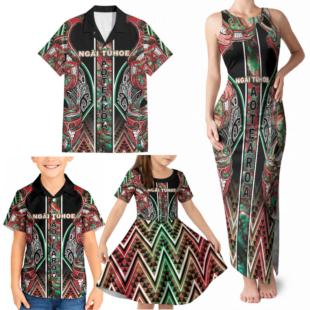 Aotearoa Ngai Tuhoe Family Matching Tank Maxi Dress and Hawaiian Shirt Maori Tribal Red And Green Paua Shell Pattern DT05 - Polynesian Pride