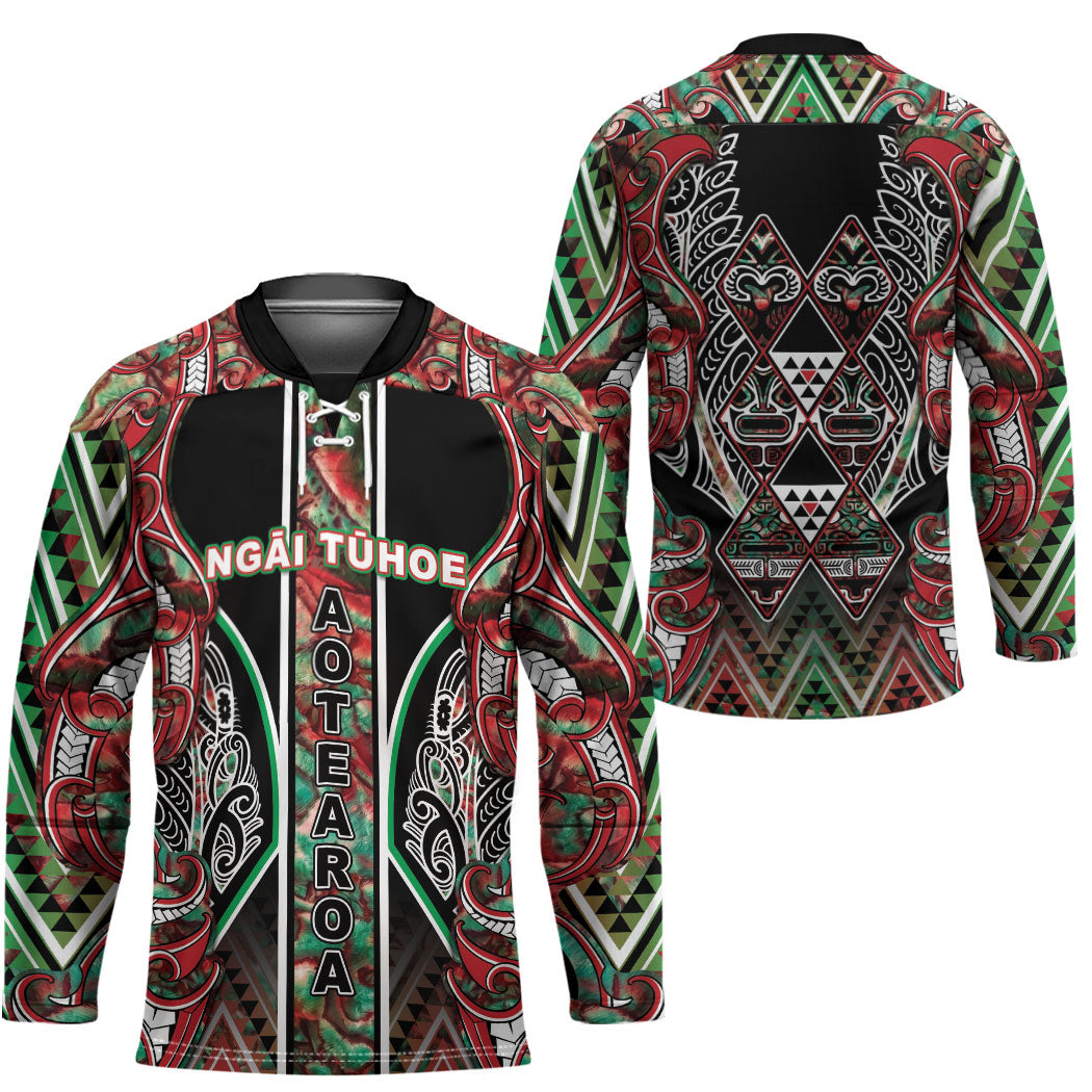 Aotearoa Ngai Tuhoe Hockey Jersey Maori Tribal Red And Green Paua Shell Pattern DT05 - Polynesian Pride