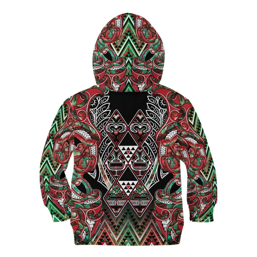 Aotearoa Ngai Tuhoe Kid Hoodie Maori Tribal Red And Green Paua Shell Pattern DT05 - Polynesian Pride