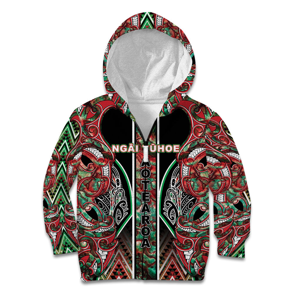 Aotearoa Ngai Tuhoe Kid Hoodie Maori Tribal Red And Green Paua Shell Pattern DT05 Zip Hoodie Red - Polynesian Pride