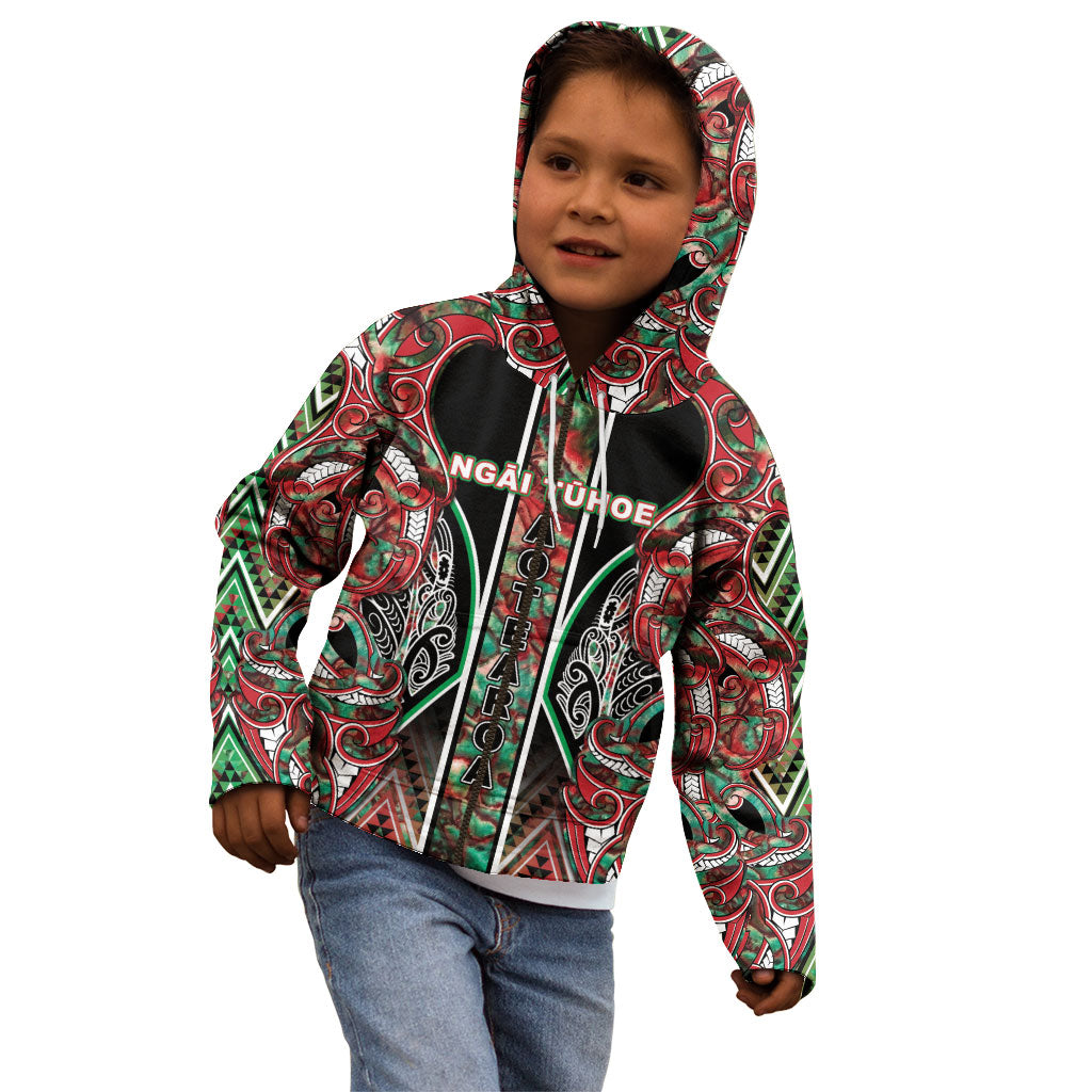 Aotearoa Ngai Tuhoe Kid Hoodie Maori Tribal Red And Green Paua Shell Pattern DT05 - Polynesian Pride