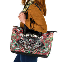 Aotearoa Ngai Tuhoe Leather Tote Bag Maori Tribal Red And Green Paua Shell Pattern DT05 Red - Polynesian Pride