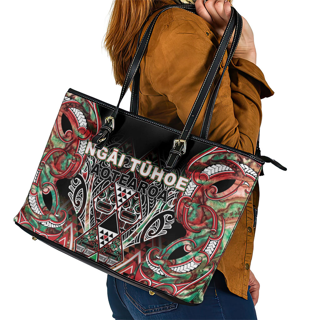 Aotearoa Ngai Tuhoe Leather Tote Bag Maori Tribal Red And Green Paua Shell Pattern DT05 - Polynesian Pride
