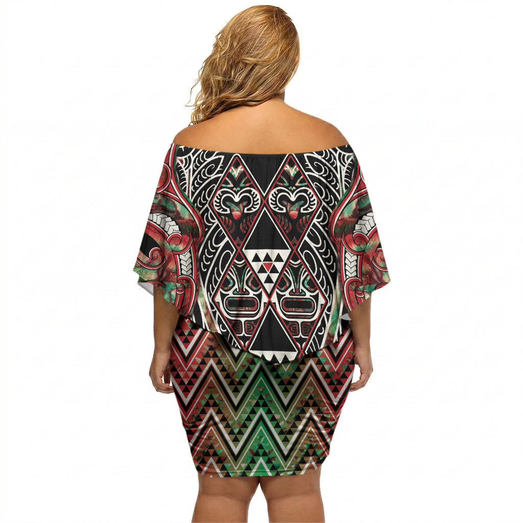 Aotearoa Ngai Tuhoe Off Shoulder Short Dress Maori Tribal Red And Green Paua Shell Pattern DT05 - Polynesian Pride