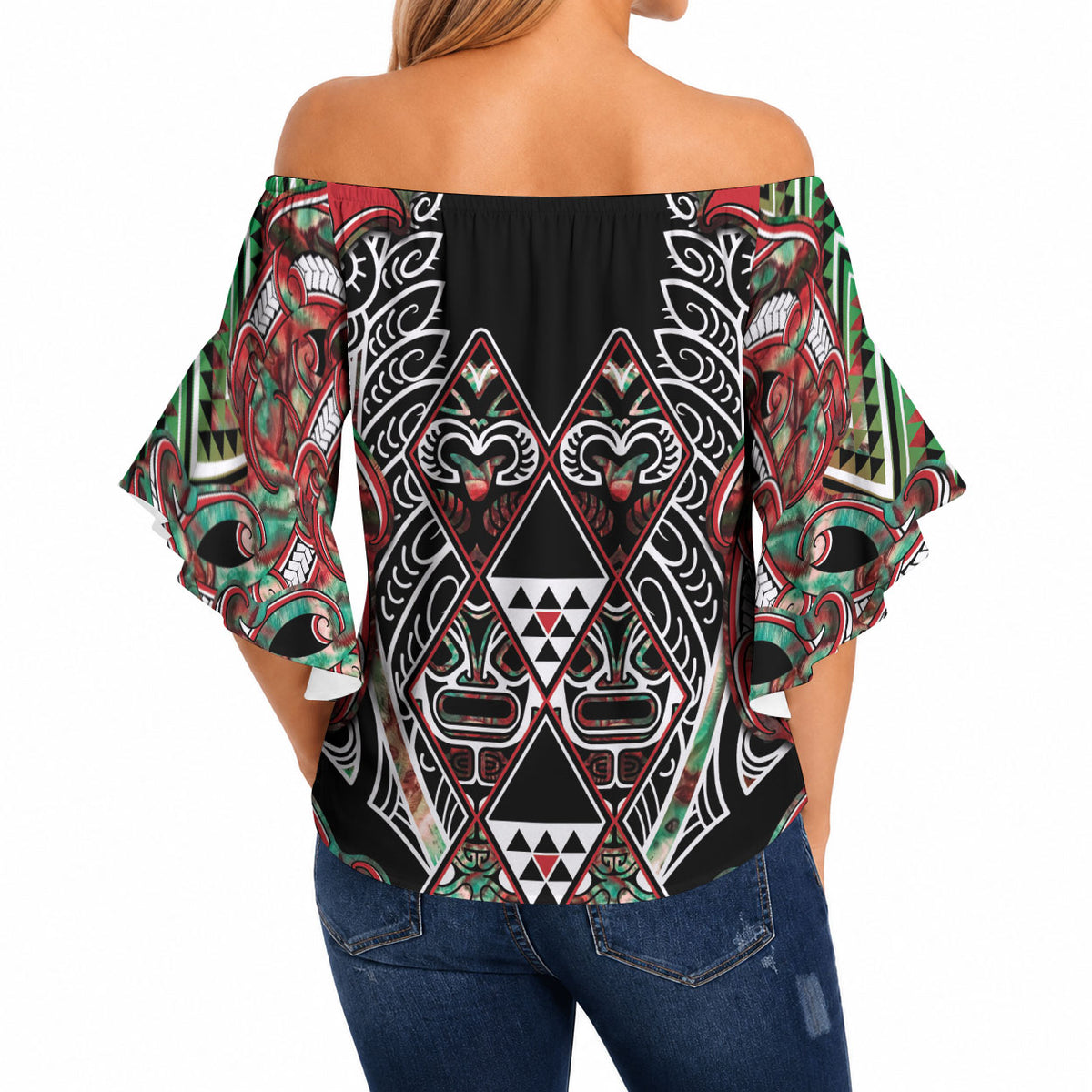 Aotearoa Ngai Tuhoe Off Shoulder Wrap Waist Top Maori Tribal Red And Green Paua Shell Pattern DT05 - Polynesian Pride