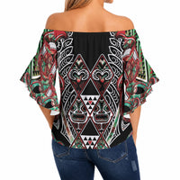 Aotearoa Ngai Tuhoe Off Shoulder Wrap Waist Top Maori Tribal Red And Green Paua Shell Pattern DT05 - Polynesian Pride