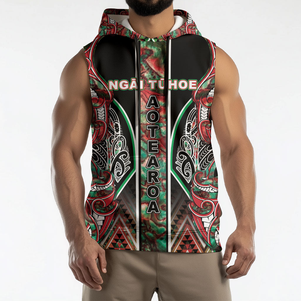 Aotearoa Ngai Tuhoe Sleeveless Hoodie Maori Tribal Red And Green Paua Shell Pattern DT05 - Polynesian Pride