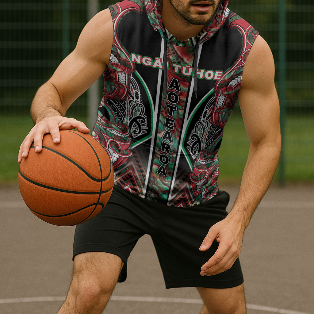 Aotearoa Ngai Tuhoe Sleeveless Hoodie Maori Tribal Red And Green Paua Shell Pattern DT05 - Polynesian Pride