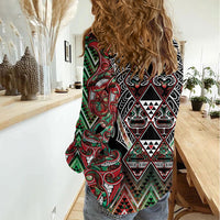 Aotearoa Ngai Tuhoe Women Casual Shirt Maori Tribal Red And Green Paua Shell Pattern DT05 - Polynesian Pride