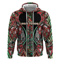 Aotearoa Ngai Tuhoe Zip Hoodie Maori Tribal Red And Green Paua Shell Pattern DT05 Pullover Hoodie Red - Polynesian Pride