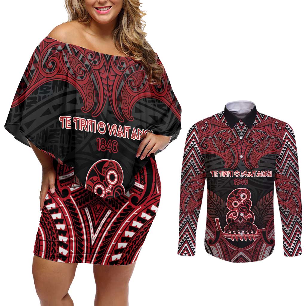 Personalised New Zealand Waitangi Day Couples Matching Off Shoulder Short Dress and Long Sleeve Button Shirt Te Tiriti O Waitangi 1840 - Polynesian Pride