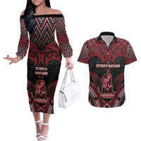 Personalised New Zealand Waitangi Day Couples Matching Off The Shoulder Long Sleeve Dress and Hawaiian Shirt Te Tiriti O Waitangi 1840 DT05 Black - Polynesian Pride