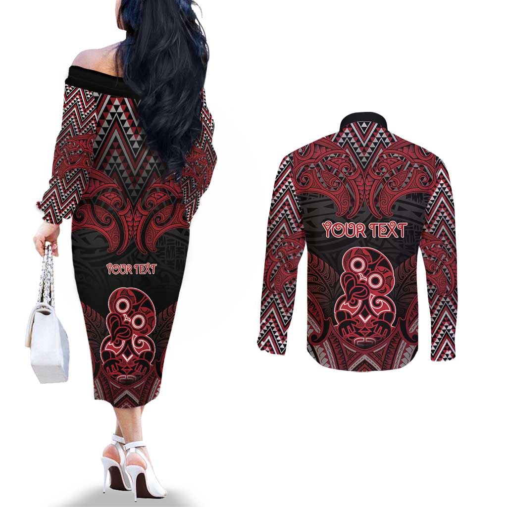 Personalised New Zealand Waitangi Day Couples Matching Off The Shoulder Long Sleeve Dress and Long Sleeve Button Shirt Te Tiriti O Waitangi 1840 DT05 - Polynesian Pride
