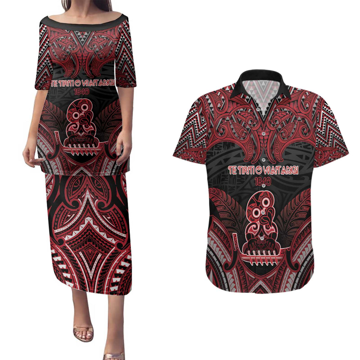 Personalised New Zealand Waitangi Day Couples Matching Puletasi and Hawaiian Shirt Te Tiriti O Waitangi 1840 - Polynesian Pride