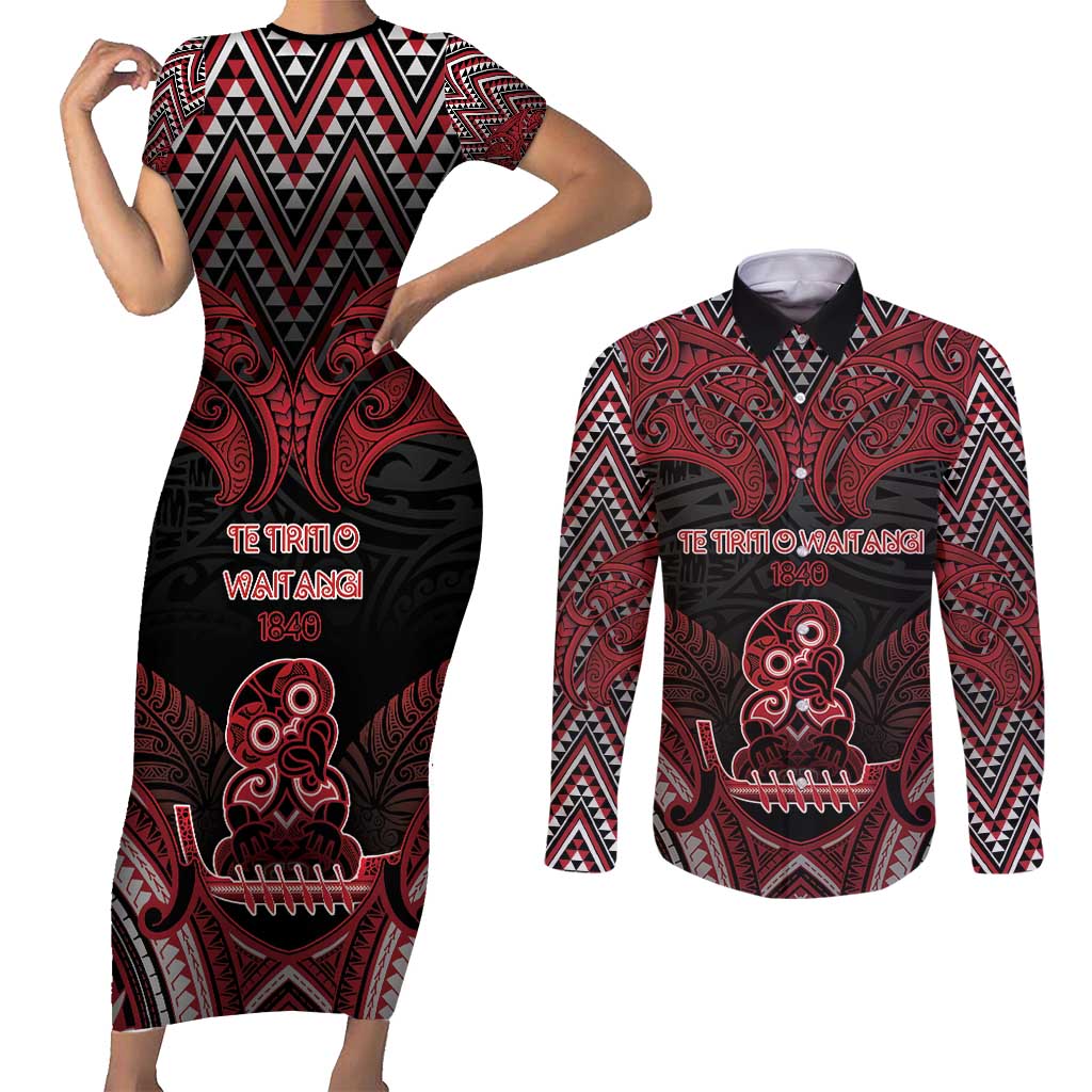 Personalised New Zealand Waitangi Day Couples Matching Short Sleeve Bodycon Dress and Long Sleeve Button Shirt Te Tiriti O Waitangi 1840 DT05 Black - Polynesian Pride