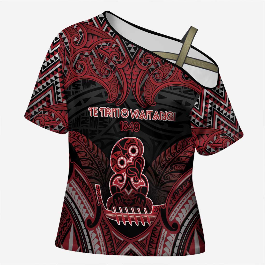 Personalised New Zealand Waitangi Day Cross Shoulder Shirt Te Tiriti O Waitangi 1840 - Polynesian Pride