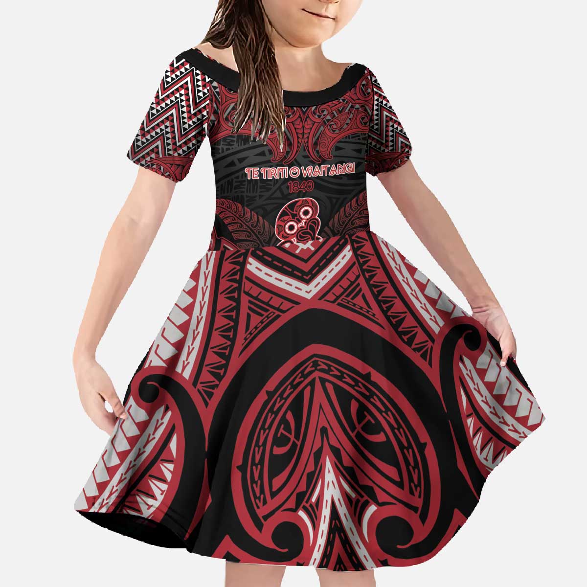 Personalised New Zealand Waitangi Day Family Matching Off The Shoulder Long Sleeve Dress and Hawaiian Shirt Te Tiriti O Waitangi 1840 DT05 Daughter's Dress Black - Polynesian Pride