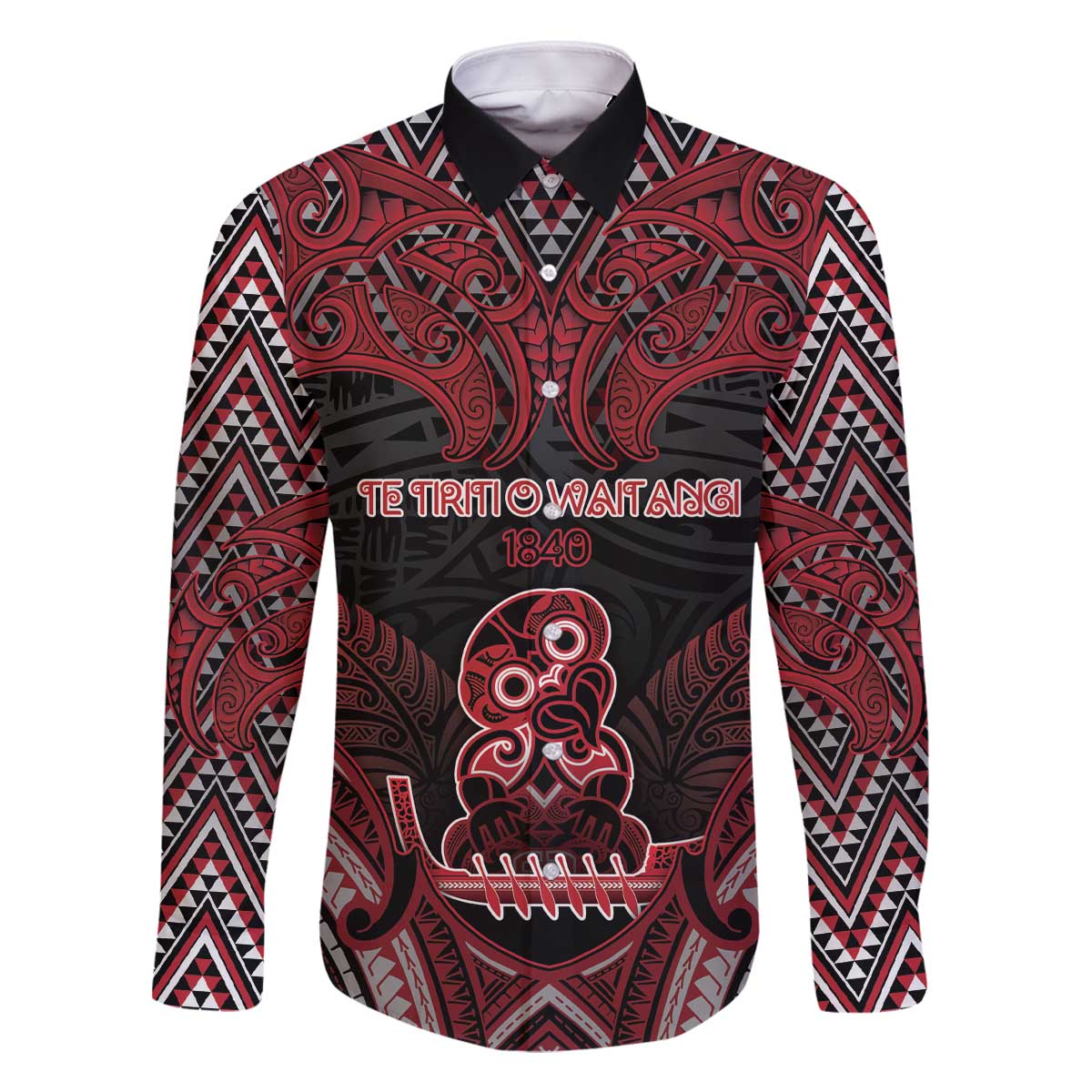 Personalised New Zealand Waitangi Day Family Matching Off The Shoulder Long Sleeve Dress and Hawaiian Shirt Te Tiriti O Waitangi 1840 DT05 Dad's Shirt - Long Sleeve Black - Polynesian Pride