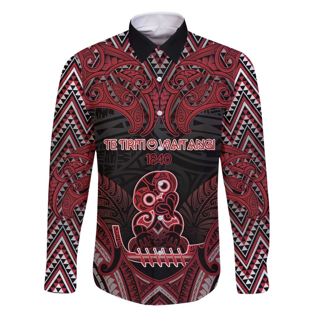 Personalised New Zealand Waitangi Day Family Matching Off Shoulder Short Dress and Hawaiian Shirt Te Tiriti O Waitangi 1840 DT05 Dad's Shirt - Long Sleeve Black - Polynesian Pride