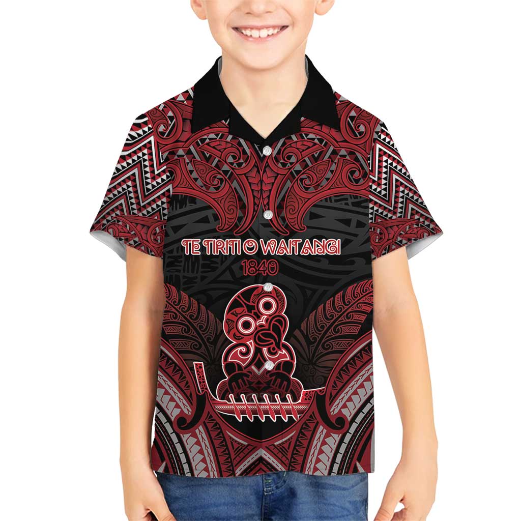 Personalised New Zealand Waitangi Day Family Matching Off Shoulder Short Dress and Hawaiian Shirt Te Tiriti O Waitangi 1840 DT05 Son's Shirt Black - Polynesian Pride